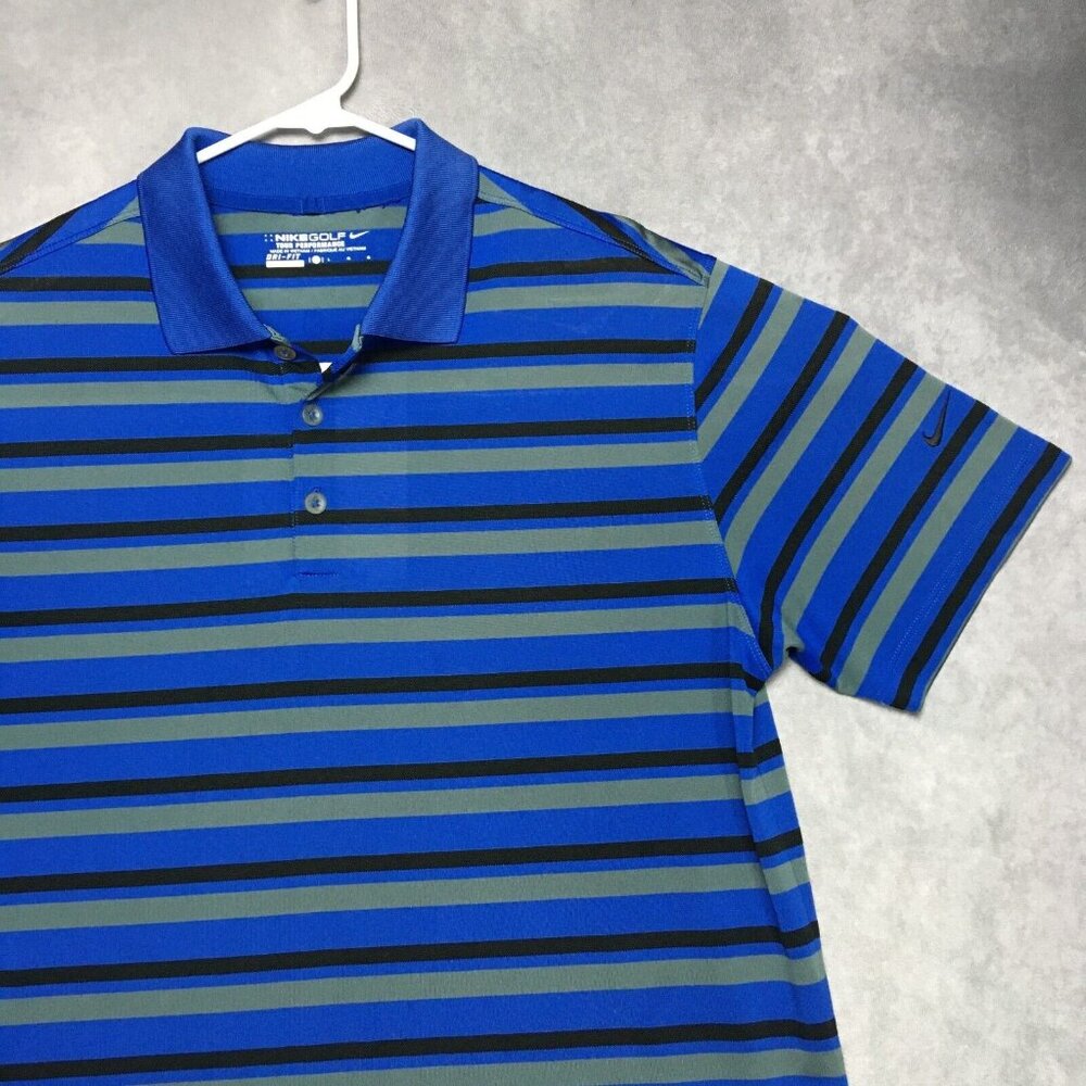 Nike Mens Golf Polo Shirt size Large Dri Fit Tour Performance Blue Striped Black